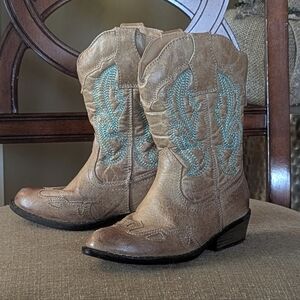 Kids Flex West Cowboy Boots W/Blue Embroidery Excel Used Condition, Sz 8C Rodeo!